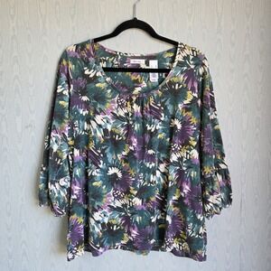 Vtg Y2K Liz & Co Womens Top XL Jersey 3/4 Sleeve‎ Watercolor Boho Art To Wear